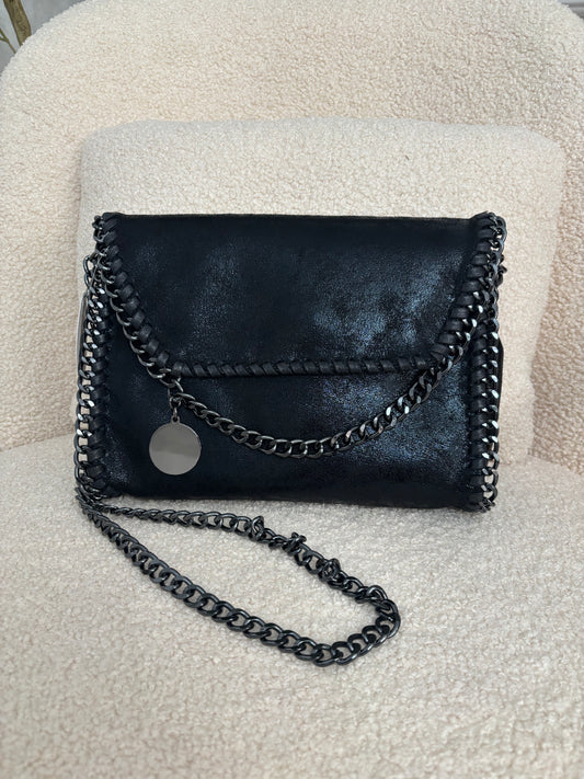 Monica Metal Chain Cross Body Clutch Bag- Black