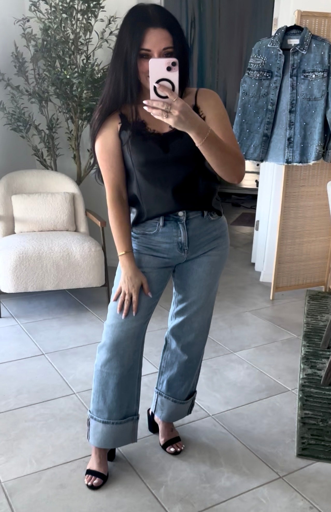 Signature lace-trim leather cami