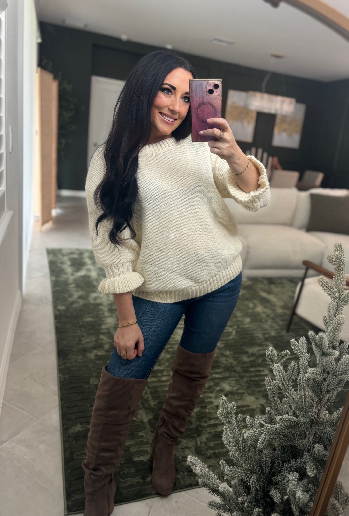 Ruffle Cuff Sweater- Ivory