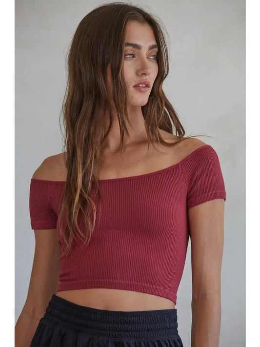 Wine Ribbed Off Shoulder Crop