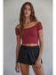 Wine Ribbed Off Shoulder Crop