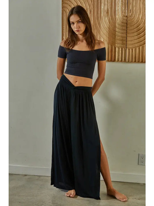 Black Ribbed Off Shoulder Crop