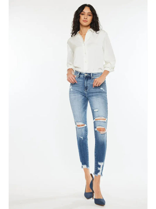 KANCAN High Rise Fray Hem Ankle Jean