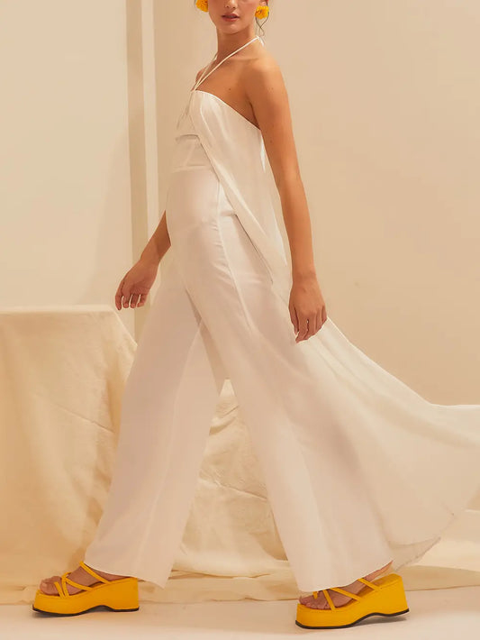Satin Wide Leg Halter Jumpsuit